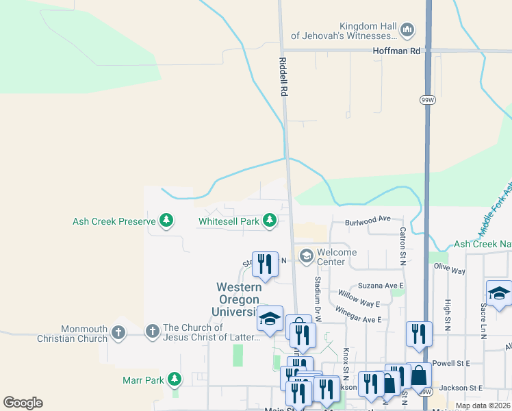 map of restaurants, bars, coffee shops, grocery stores, and more near 348 Whitesell Street West in Monmouth
