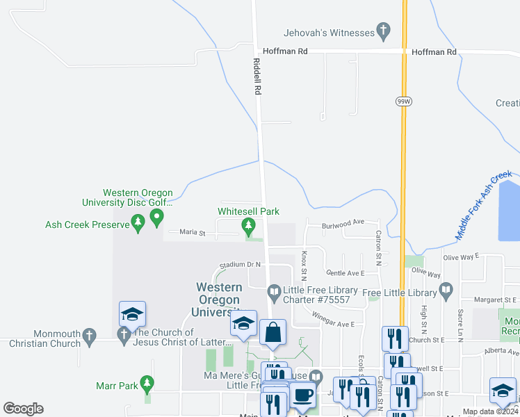 map of restaurants, bars, coffee shops, grocery stores, and more near 234 Whitesell Street West in Monmouth