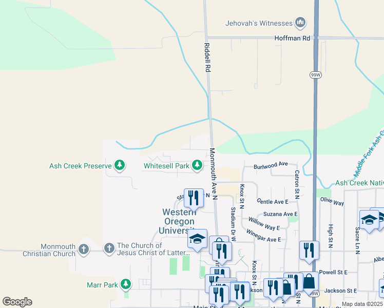 map of restaurants, bars, coffee shops, grocery stores, and more near 348 Whitesell Street West in Monmouth