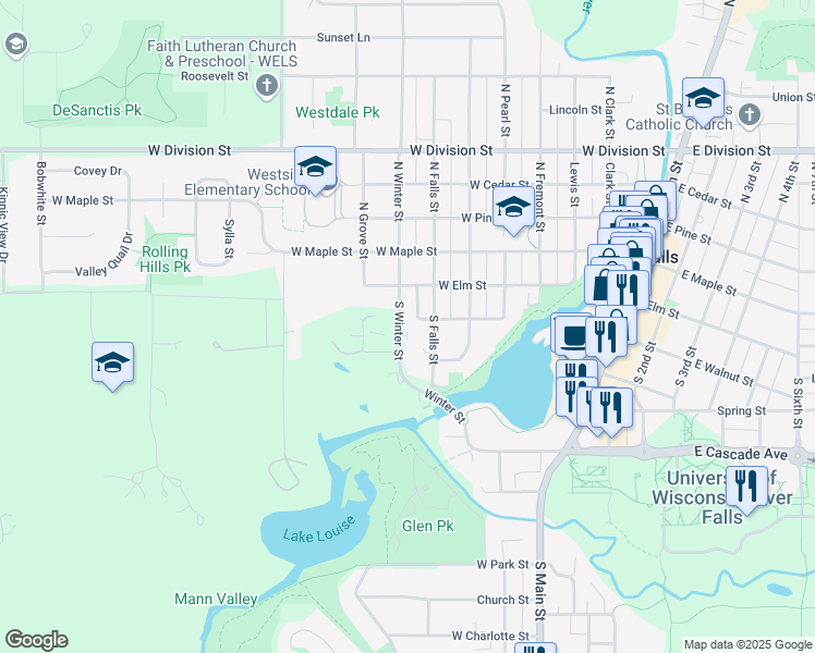 map of restaurants, bars, coffee shops, grocery stores, and more near 209 South Falls Street in River Falls