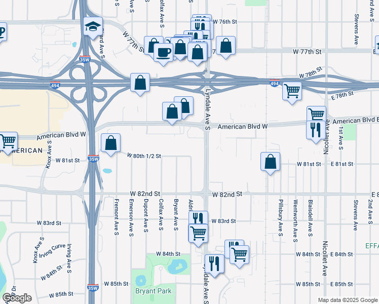 map of restaurants, bars, coffee shops, grocery stores, and more near 8029 Aldrich Avenue South in Minneapolis
