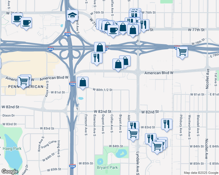 map of restaurants, bars, coffee shops, grocery stores, and more near 1000 West 80th 1/2 Street in Minneapolis