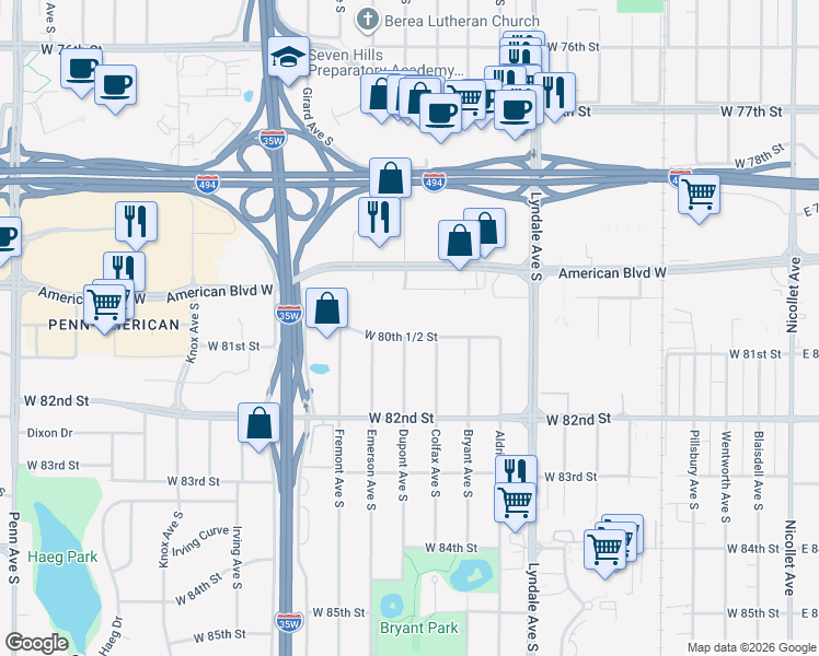 map of restaurants, bars, coffee shops, grocery stores, and more near 1108 West 80th 1/2 Street in Minneapolis