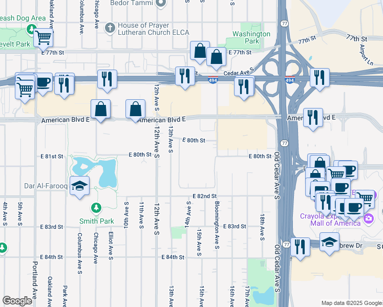 map of restaurants, bars, coffee shops, grocery stores, and more near 8017 14th Avenue South in Bloomington