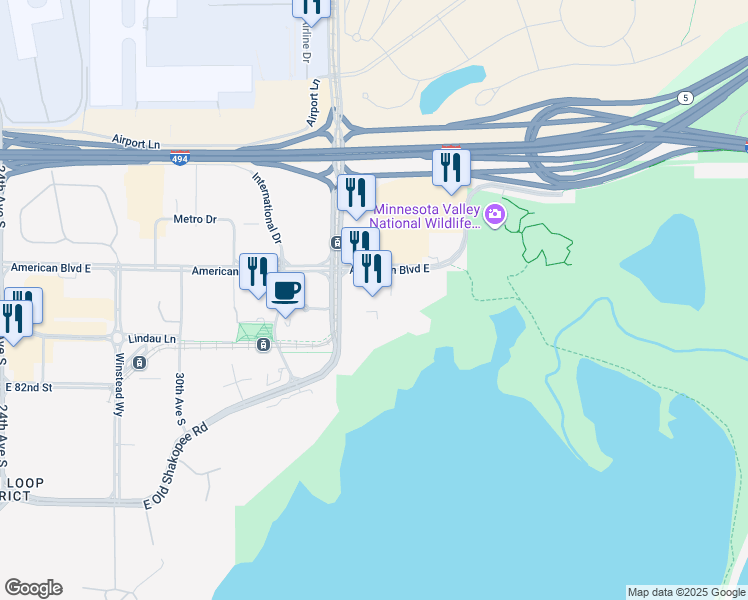 map of restaurants, bars, coffee shops, grocery stores, and more near 8009 34th Avenue South in Bloomington