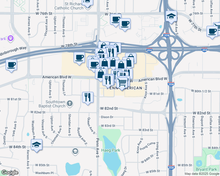 map of restaurants, bars, coffee shops, grocery stores, and more near 1801 West 80th 1/2 Street in Bloomington