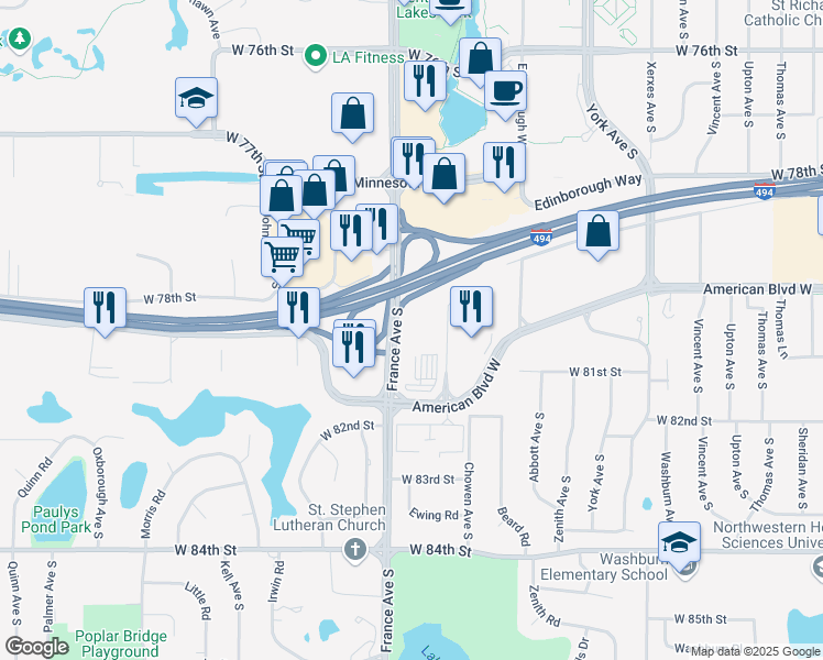 map of restaurants, bars, coffee shops, grocery stores, and more near 3800 American Boulevard West in Minneapolis