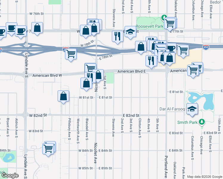 map of restaurants, bars, coffee shops, grocery stores, and more near 8022 Stevens Avenue in Minneapolis