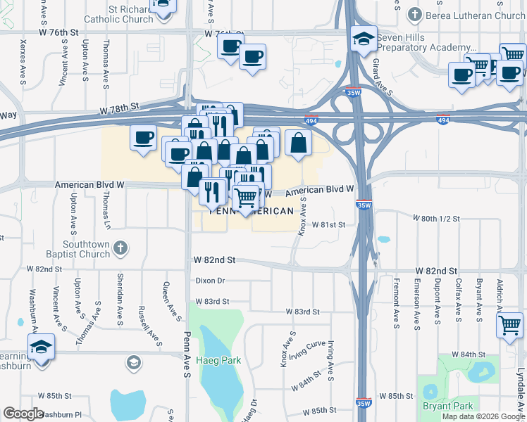map of restaurants, bars, coffee shops, grocery stores, and more near 8063 Morgan Circle South in Bloomington