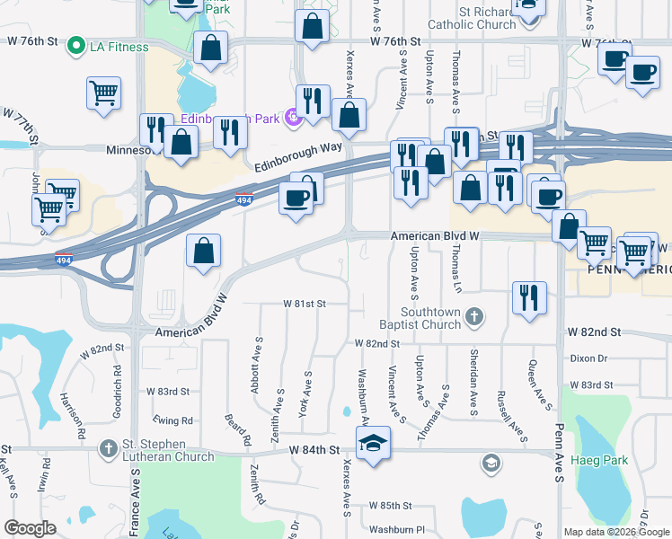 map of restaurants, bars, coffee shops, grocery stores, and more near 8025 Xerxes Avenue South in Minneapolis