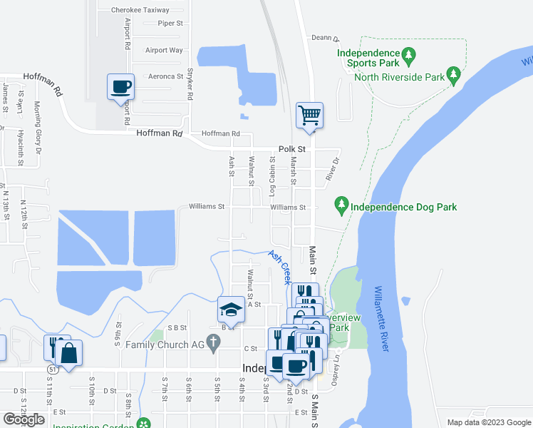 map of restaurants, bars, coffee shops, grocery stores, and more near 456 Log Cabin Street in Independence
