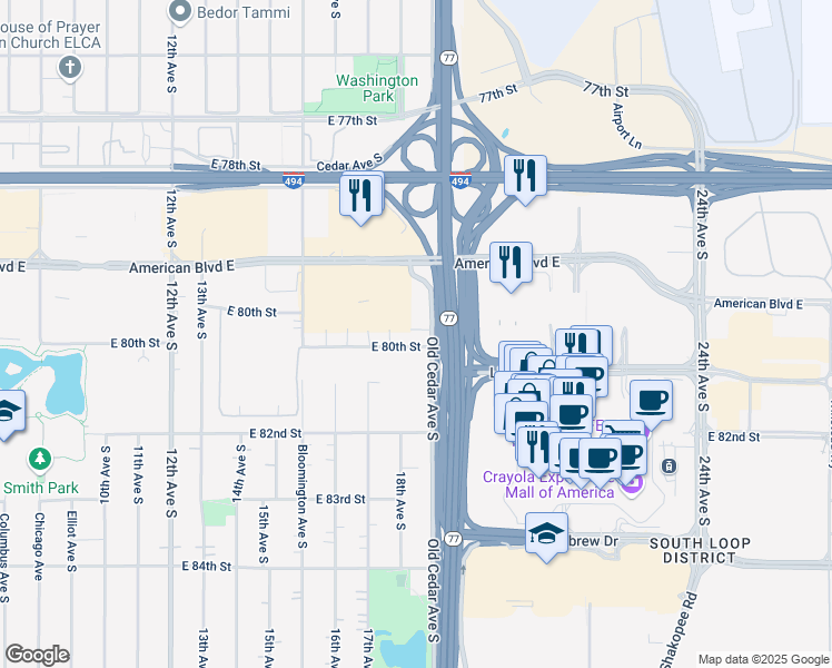 map of restaurants, bars, coffee shops, grocery stores, and more near 8030 Old Cedar Avenue South in Bloomington
