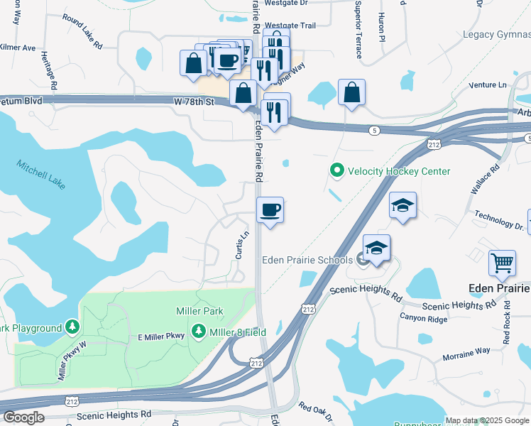 map of restaurants, bars, coffee shops, grocery stores, and more near 16309 Lincoln Lane in Eden Prairie