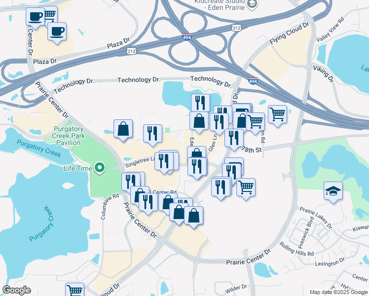 map of restaurants, bars, coffee shops, grocery stores, and more near 8090 Eden Road in Eden Prairie