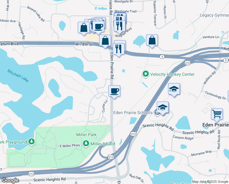 map of restaurants, bars, coffee shops, grocery stores, and more near 8075 Eden Prairie Road in Eden Prairie