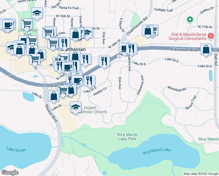 map of restaurants, bars, coffee shops, grocery stores, and more near 8020 Hidden Court in Chanhassen
