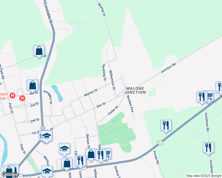 map of restaurants, bars, coffee shops, grocery stores, and more near 6 Williamson Street in Malone