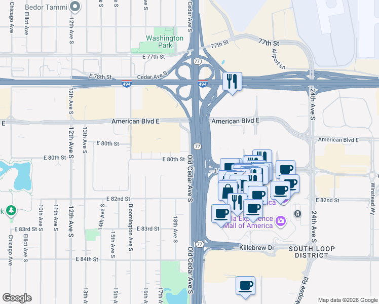 map of restaurants, bars, coffee shops, grocery stores, and more near in Bloomington