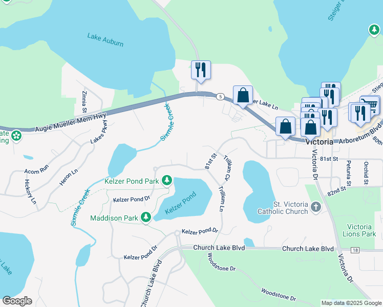 map of restaurants, bars, coffee shops, grocery stores, and more near 8125 Hawthorne Place in Victoria