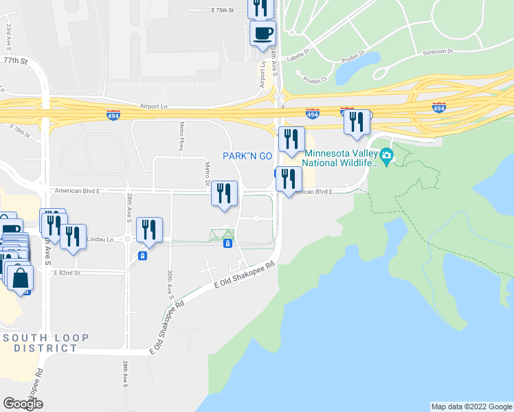 map of restaurants, bars, coffee shops, grocery stores, and more near 8041 33rd Avenue South in Bloomington