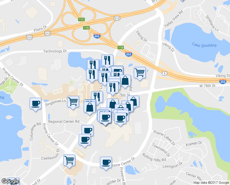 map of restaurants, bars, coffee shops, grocery stores, and more near 16345 W 78th St in Eden Prairie