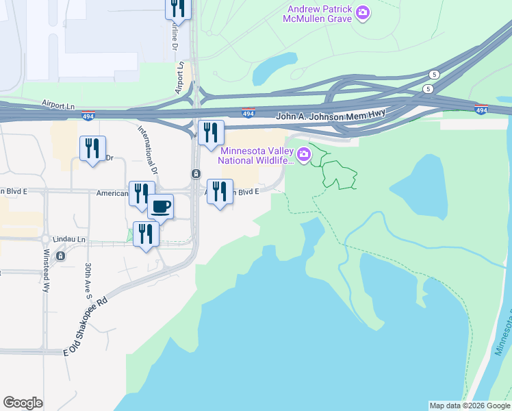 map of restaurants, bars, coffee shops, grocery stores, and more near 3701 American Boulevard East in Bloomington