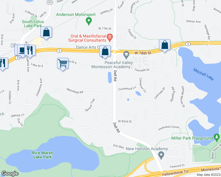 map of restaurants, bars, coffee shops, grocery stores, and more near 8000 Hemlock Circle in Eden Prairie