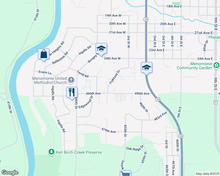 map of restaurants, bars, coffee shops, grocery stores, and more near N4882 449th Street in Menomonie