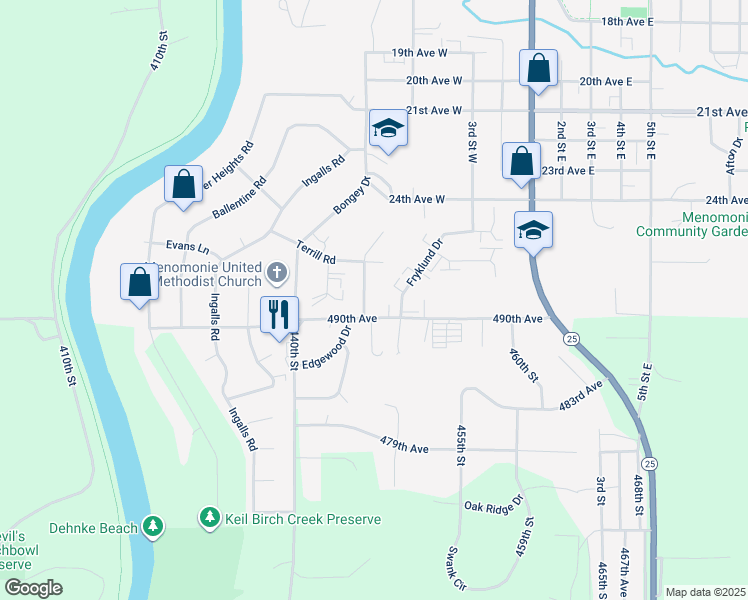 map of restaurants, bars, coffee shops, grocery stores, and more near 615 490th Avenue in Menomonie
