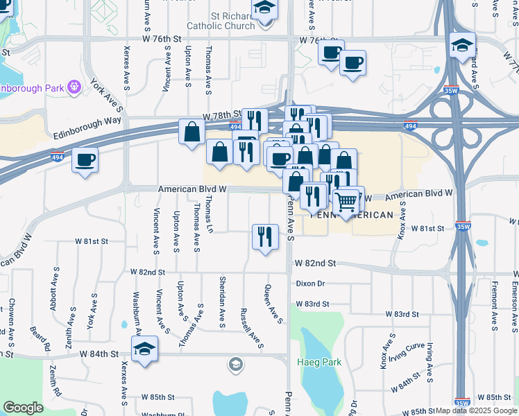 map of restaurants, bars, coffee shops, grocery stores, and more near 8050 Queen Avenue South in Minneapolis