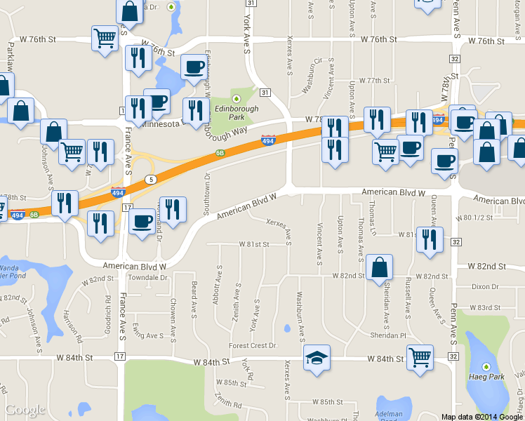 map of restaurants, bars, coffee shops, grocery stores, and more near 3201 American Boulevard West in Bloomington