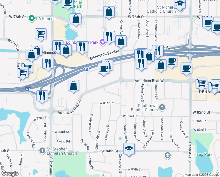 map of restaurants, bars, coffee shops, grocery stores, and more near 3201 American Boulevard West in Bloomington