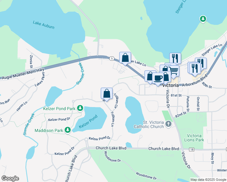 map of restaurants, bars, coffee shops, grocery stores, and more near 8105 Trillium Circle in Victoria