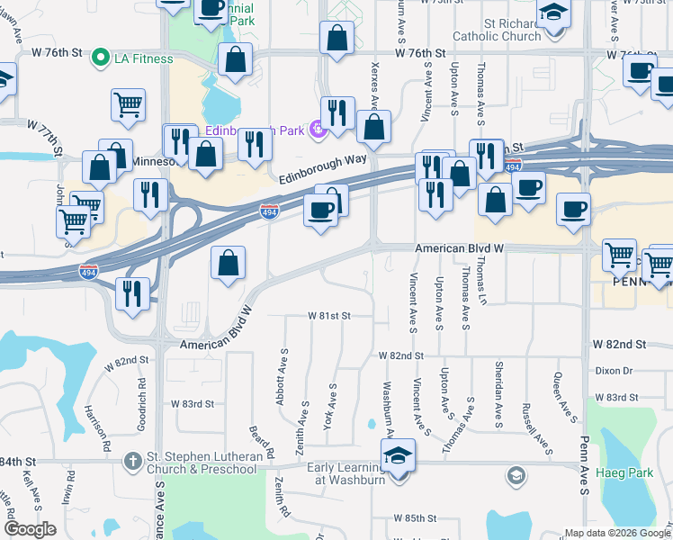map of restaurants, bars, coffee shops, grocery stores, and more near 3201 American Boulevard West in Bloomington