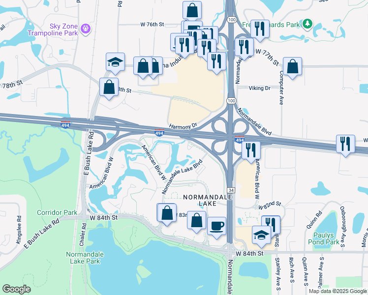 map of restaurants, bars, coffee shops, grocery stores, and more near 5601 Green Valley Drive in Bloomington