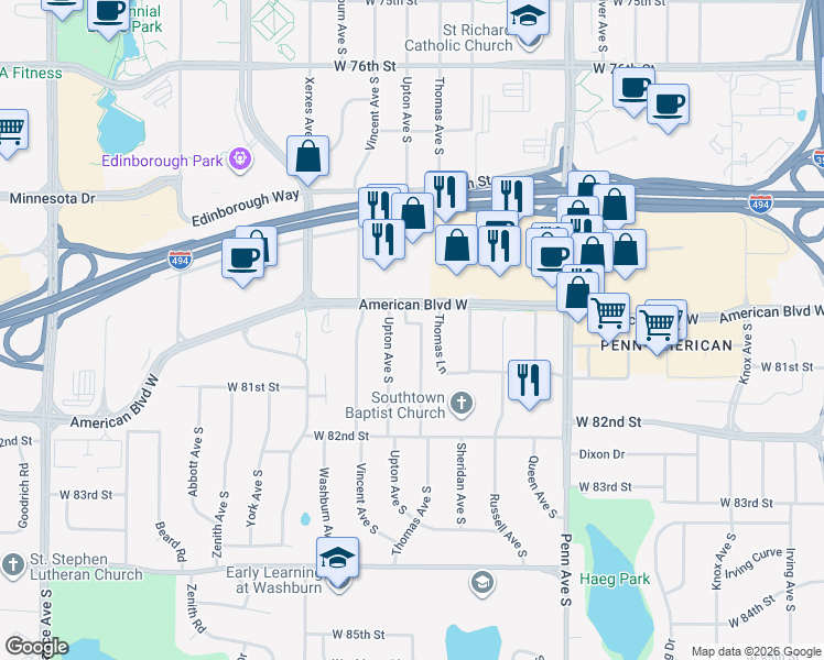 map of restaurants, bars, coffee shops, grocery stores, and more near 8030 Thomas Avenue South in Minneapolis