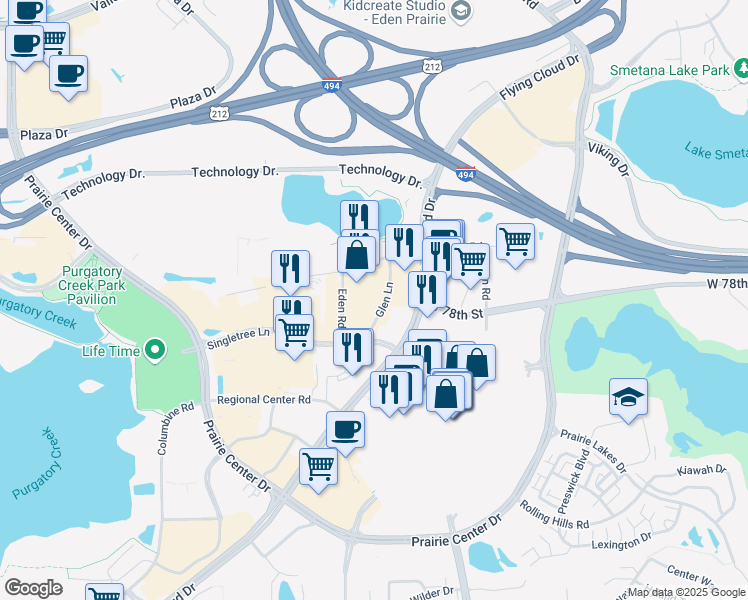 map of restaurants, bars, coffee shops, grocery stores, and more near 8099 Eden Glen Road in Eden Prairie