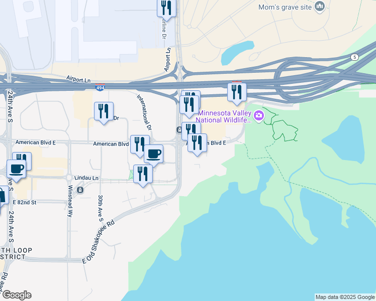 map of restaurants, bars, coffee shops, grocery stores, and more near 3 Appletree Square in Bloomington