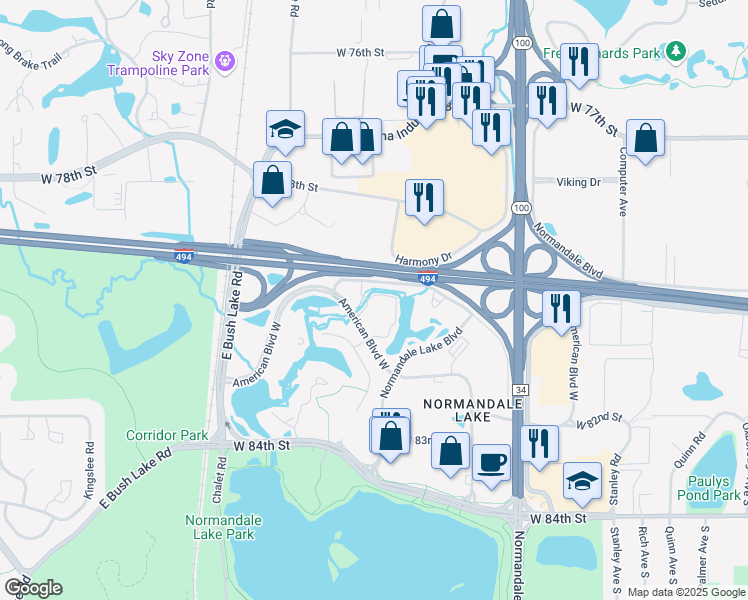 map of restaurants, bars, coffee shops, grocery stores, and more near 5800 American Boulevard West in Bloomington