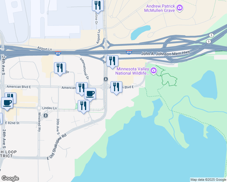 map of restaurants, bars, coffee shops, grocery stores, and more near 3474 American Boulevard East in Bloomington