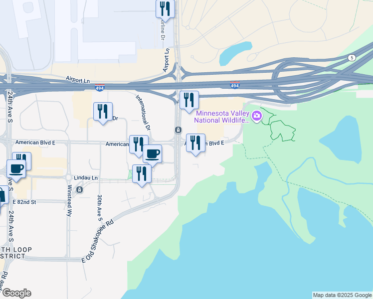 map of restaurants, bars, coffee shops, grocery stores, and more near 3454-3474 American Blvd E in Bloomington