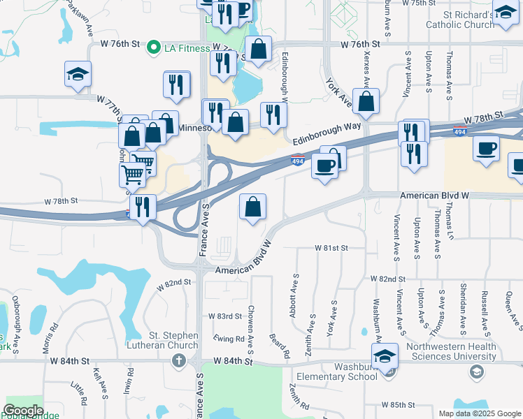 map of restaurants, bars, coffee shops, grocery stores, and more near County Road 17 in Bloomington