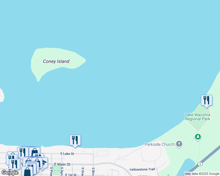 map of restaurants, bars, coffee shops, grocery stores, and more near 820 Old Beach Road in Waconia