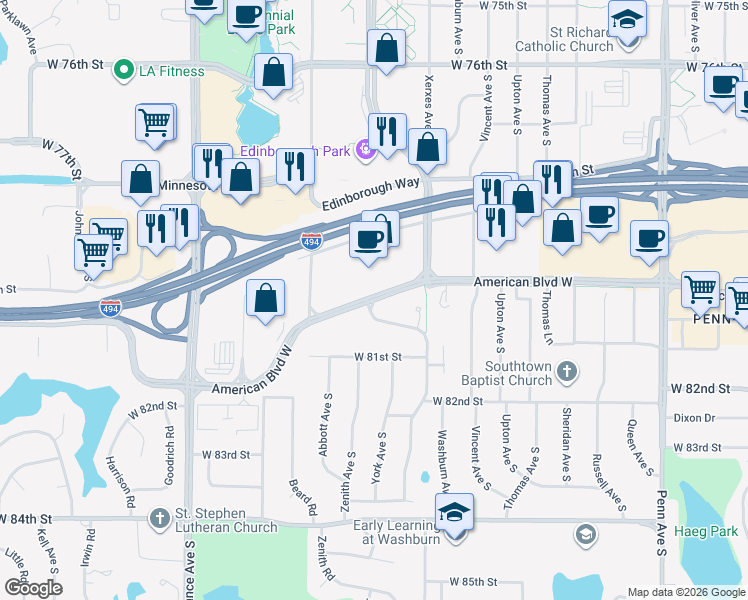 map of restaurants, bars, coffee shops, grocery stores, and more near 3199 American Boulevard West in Bloomington