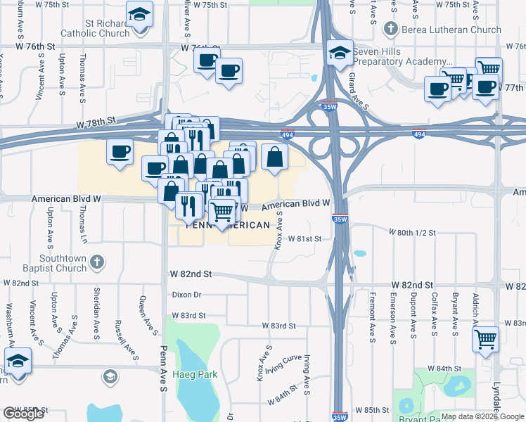map of restaurants, bars, coffee shops, grocery stores, and more near 1838-2024 American Blvd W in Bloomington