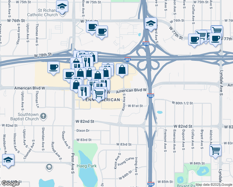 map of restaurants, bars, coffee shops, grocery stores, and more near 1838-2024 American Blvd W in Bloomington
