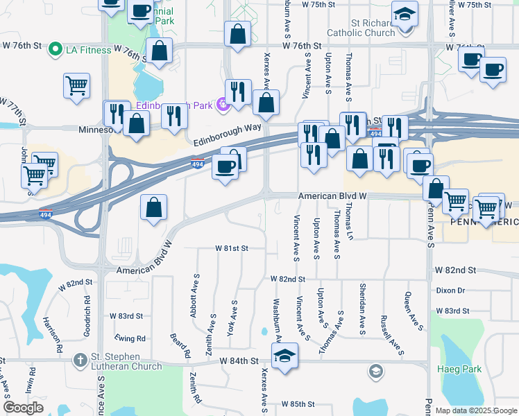 map of restaurants, bars, coffee shops, grocery stores, and more near in Bloomington