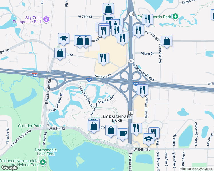 map of restaurants, bars, coffee shops, grocery stores, and more near 5601 Green Valley Drive in Bloomington