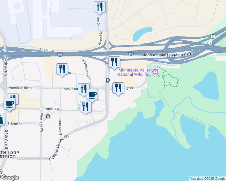 map of restaurants, bars, coffee shops, grocery stores, and more near 3454-3474 American Blvd E in Bloomington