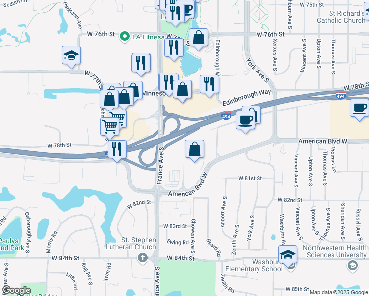 map of restaurants, bars, coffee shops, grocery stores, and more near 3500 American Boulevard West in Bloomington